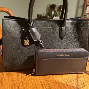 Michael Kors Black Pebbled Leather Tote with Matching Black Zip Wallet